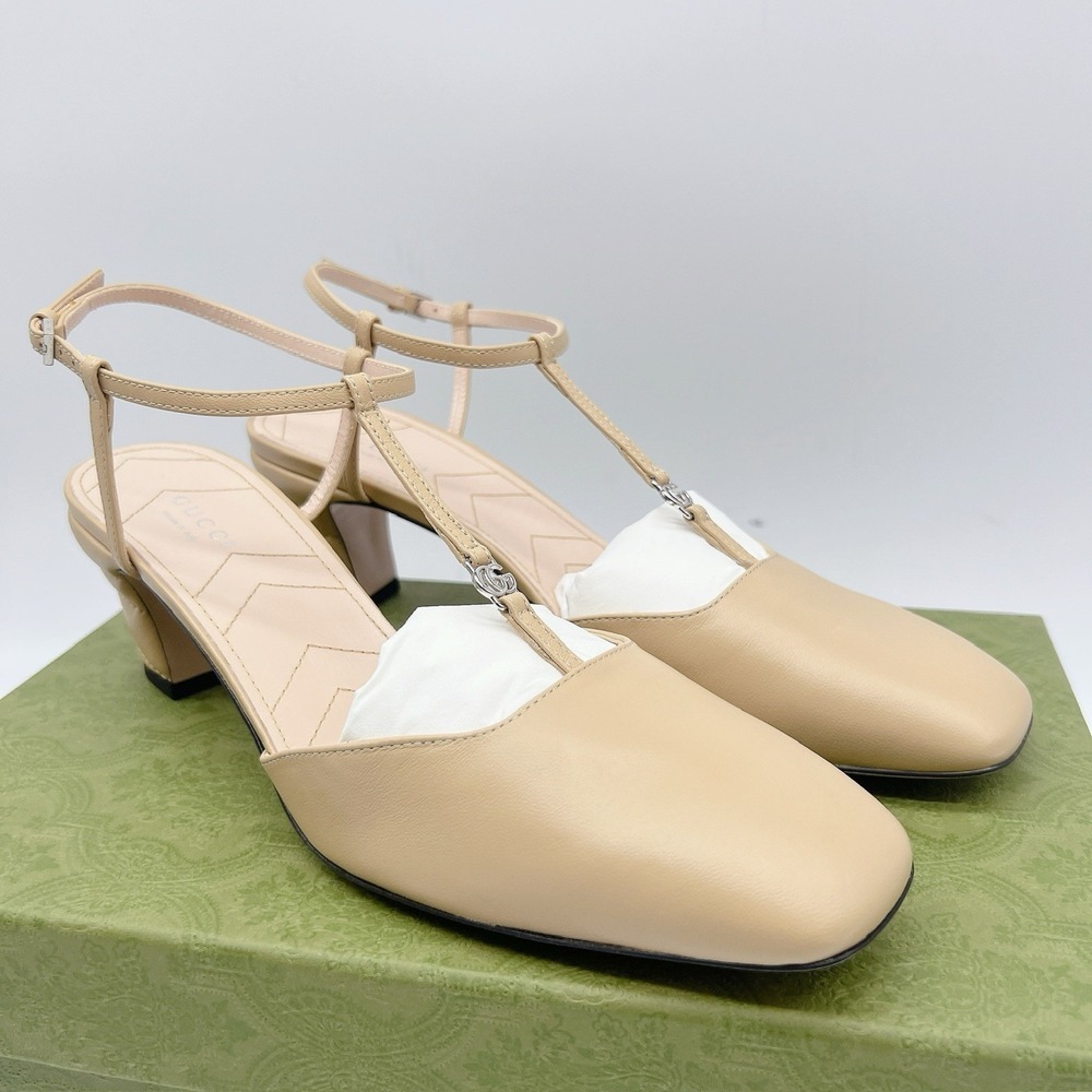GUCCI DOUBLE G INTERLOCKING LOGO Slingback Heel Pump Wheat Leather EU 39.5 - Picture 2 of 12